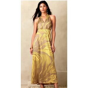 Banana Republic Satin Yellow Tan Floral Halter Maxi Dress Size 14